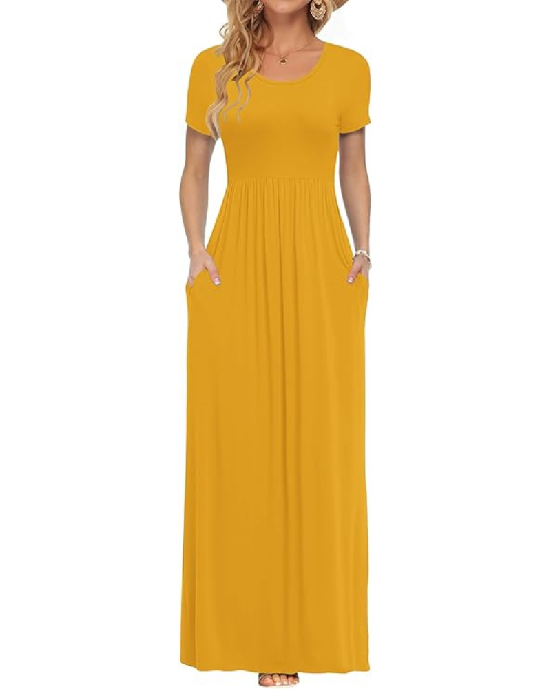 Fenna Robe Maxi Femme – Robe Longue Décontractée Manches Courtes Poches Taille Élastique