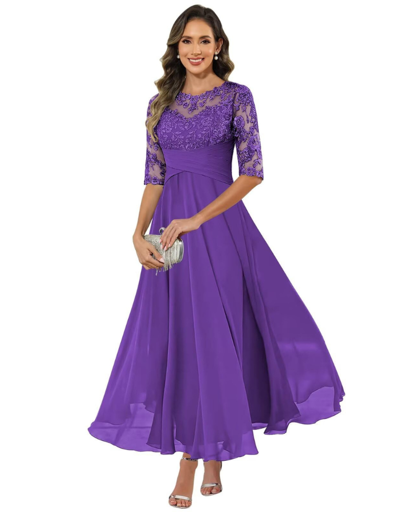 Vestido de Fiesta Olanthe para Mujer – Encaje y Gasa, Mangas 3/4 y Corte A-Line Elegante