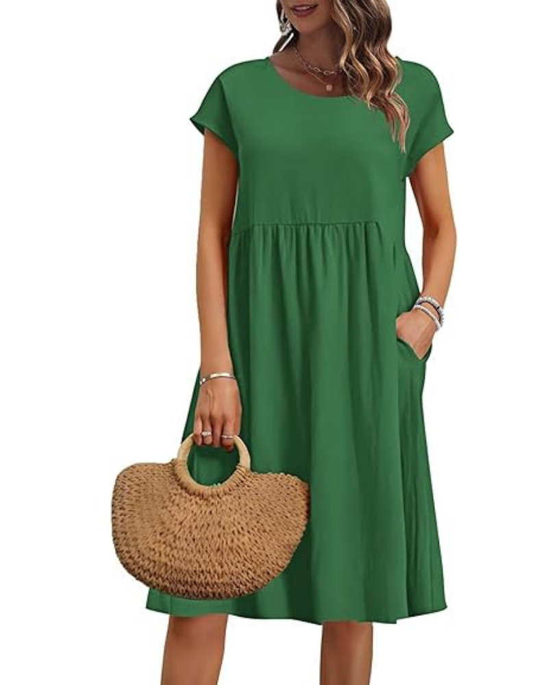 Elowen Robe Femme – Col V, Taille Haute & Poches Coupe Plissée Longueur Genou Été
