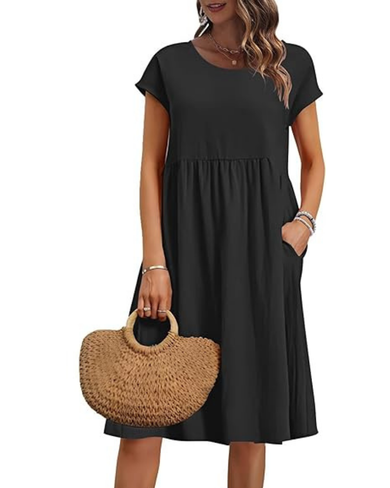 Elowen Robe Femme – Col V, Taille Haute & Poches Coupe Plissée Longueur Genou Été