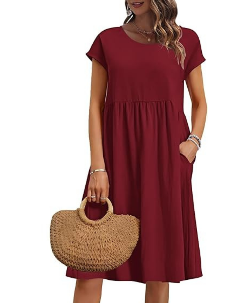 Elowen Robe Femme – Col V, Taille Haute & Poches Coupe Plissée Longueur Genou Été