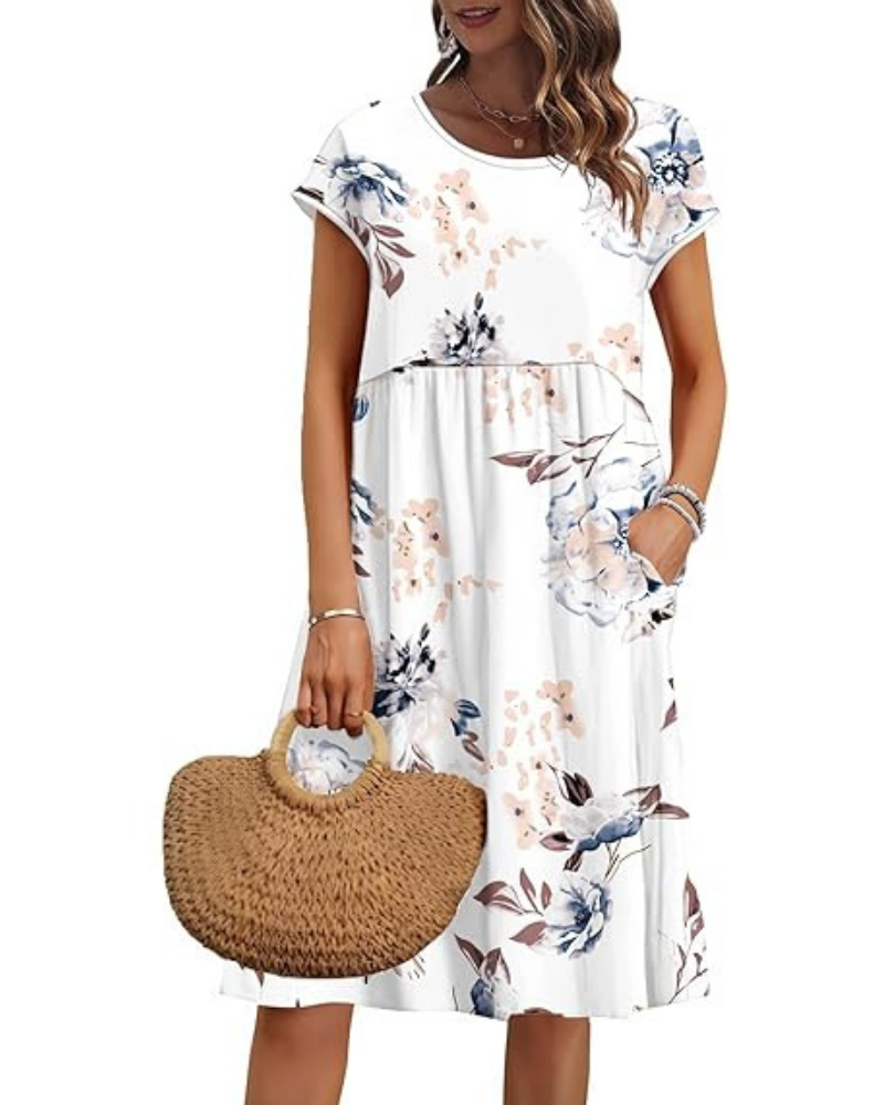 Elowen Robe Femme – Col V, Taille Haute & Poches Coupe Plissée Longueur Genou Été