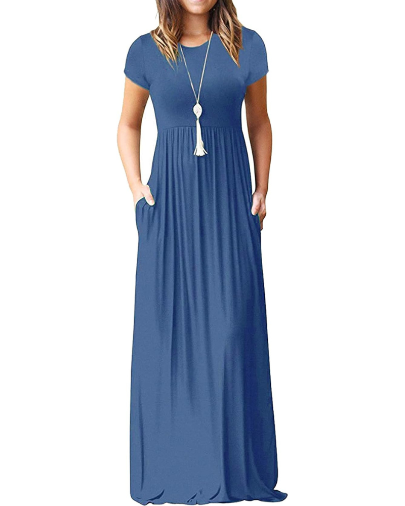 Fenna Robe Maxi Femme – Robe Longue Décontractée Manches Courtes Poches Taille Élastique
