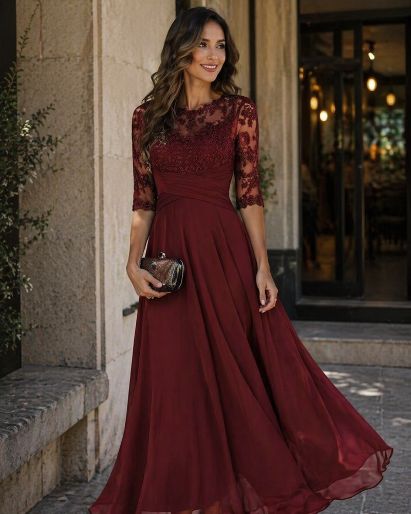 Vestido de Fiesta Olanthe para Mujer – Encaje y Gasa, Mangas 3/4 y Corte A-Line Elegante