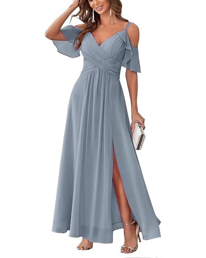 Georgia Robe Longue Femme – Mousseline Épaules Dénudées, Col V & Coupe A-Line Élégante