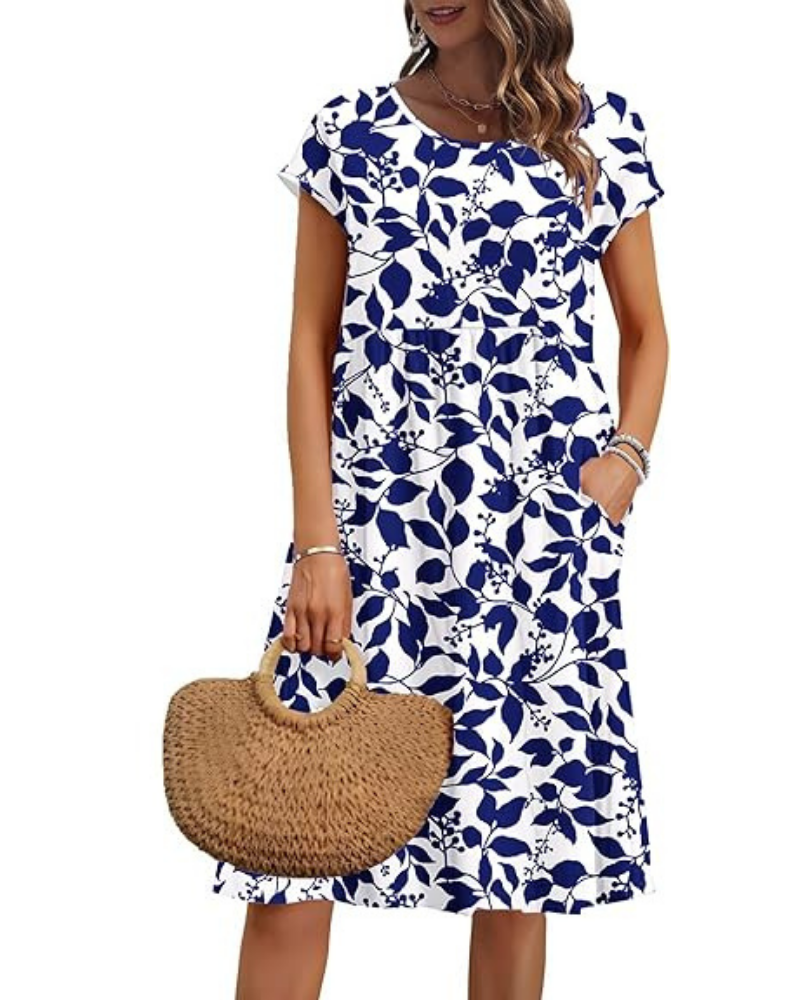 Elowen Robe Femme – Col V, Taille Haute & Poches Coupe Plissée Longueur Genou Été