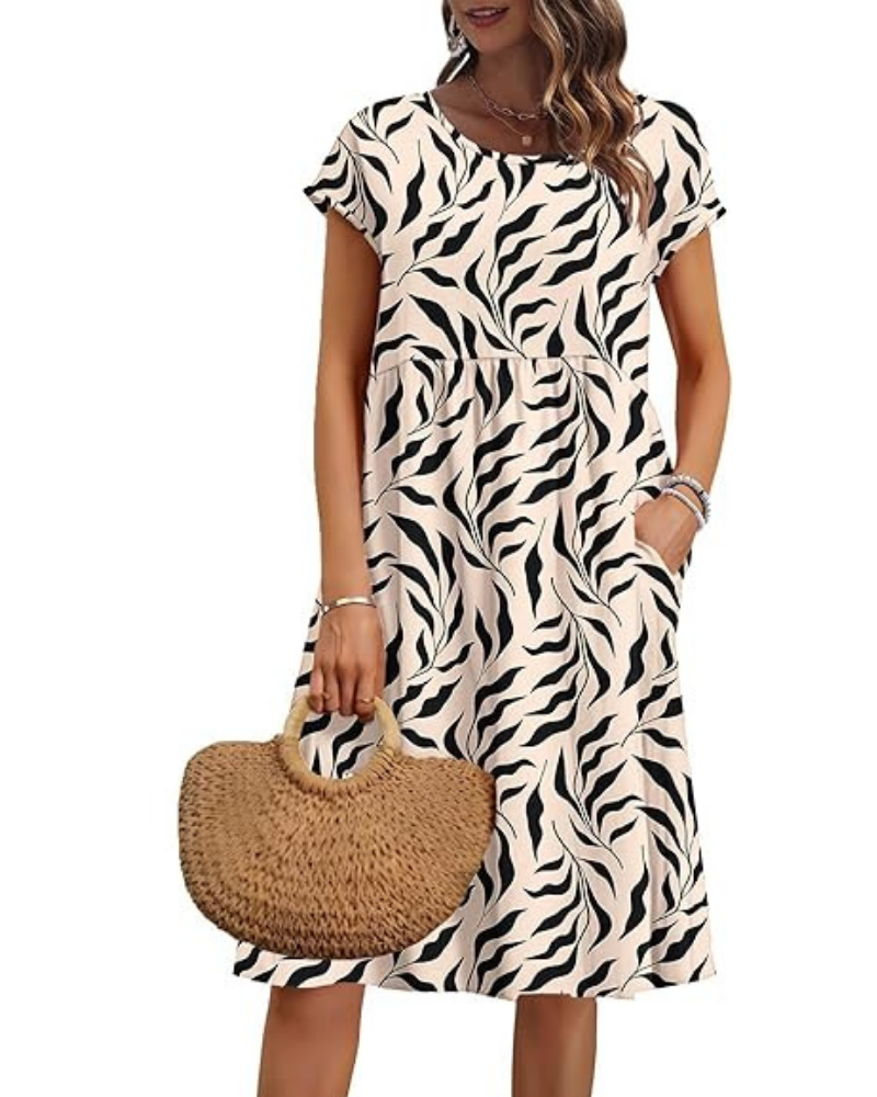 Elowen Robe Femme – Col V, Taille Haute & Poches Coupe Plissée Longueur Genou Été