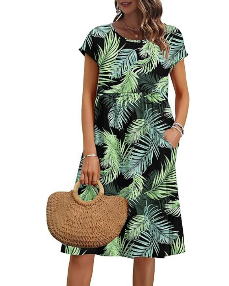 Elowen Robe Femme – Col V, Taille Haute & Poches Coupe Plissée Longueur Genou Été