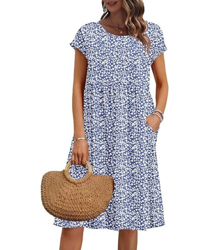 Elowen Robe Femme – Col V, Taille Haute & Poches Coupe Plissée Longueur Genou Été