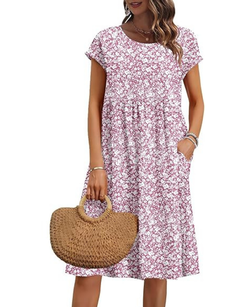 Elowen Robe Femme – Col V, Taille Haute & Poches Coupe Plissée Longueur Genou Été