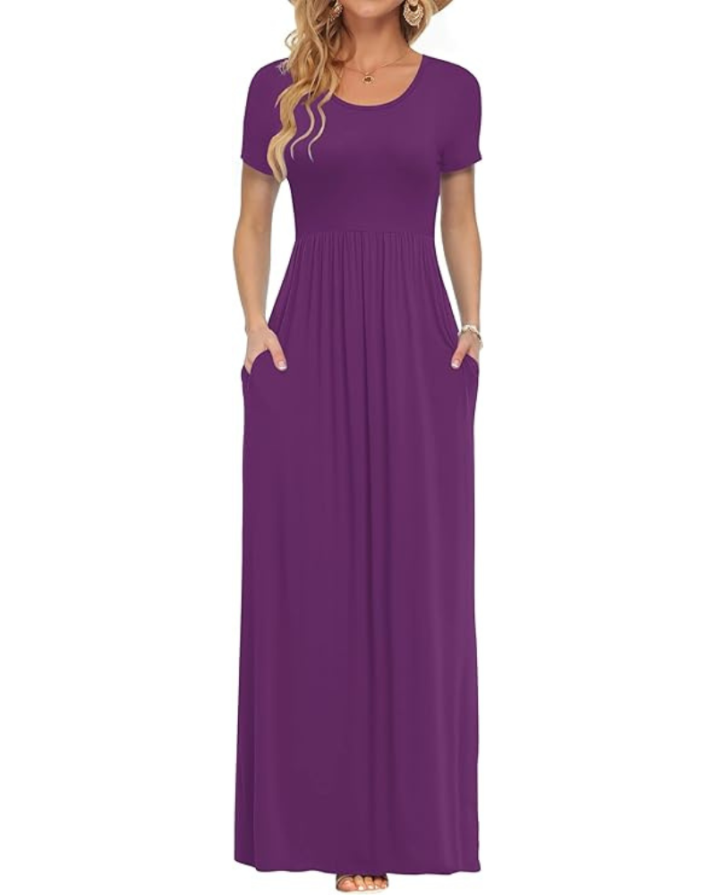 Fenna Robe Maxi Femme – Robe Longue Décontractée Manches Courtes Poches Taille Élastique