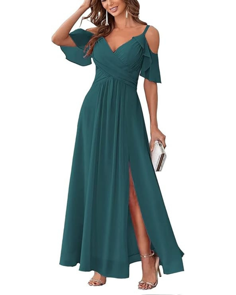 Georgia Robe Longue Femme – Mousseline Épaules Dénudées, Col V & Coupe A-Line Élégante