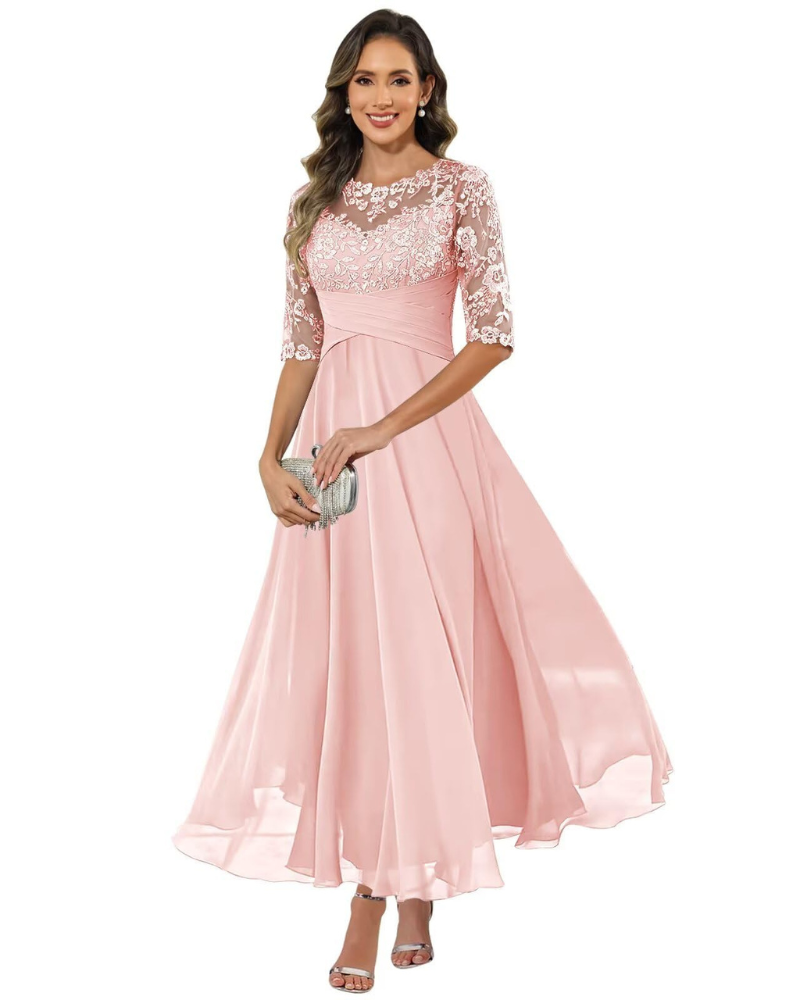 Olanthe Women's Evening Dress – Lace & Chiffon, 3/4 Sleeves & Elegant A-Line Cut