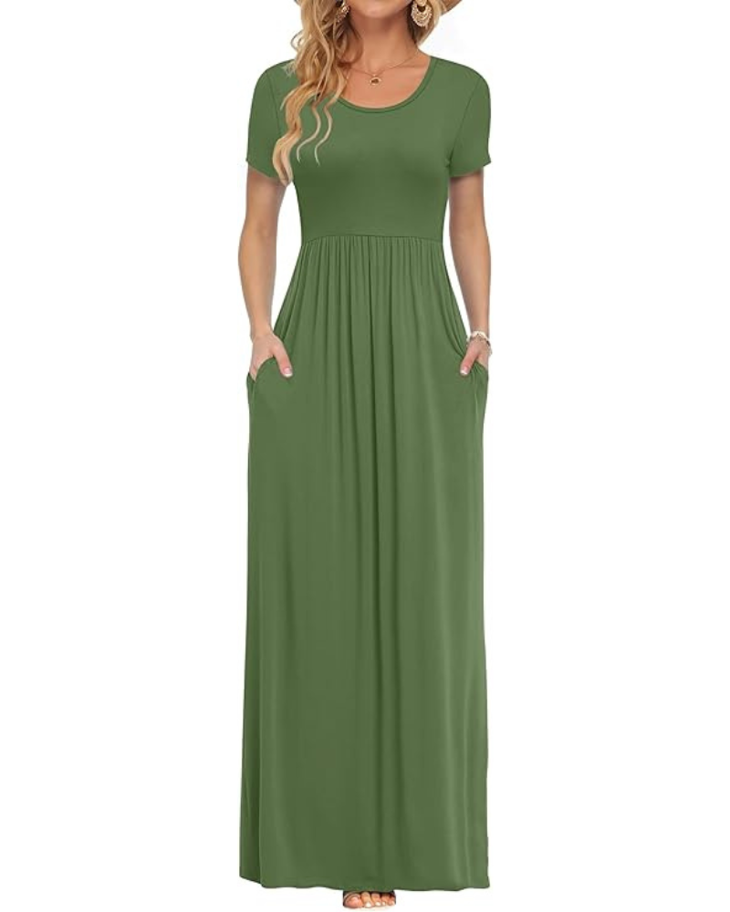 Fenna Robe Maxi Femme – Robe Longue Décontractée Manches Courtes Poches Taille Élastique
