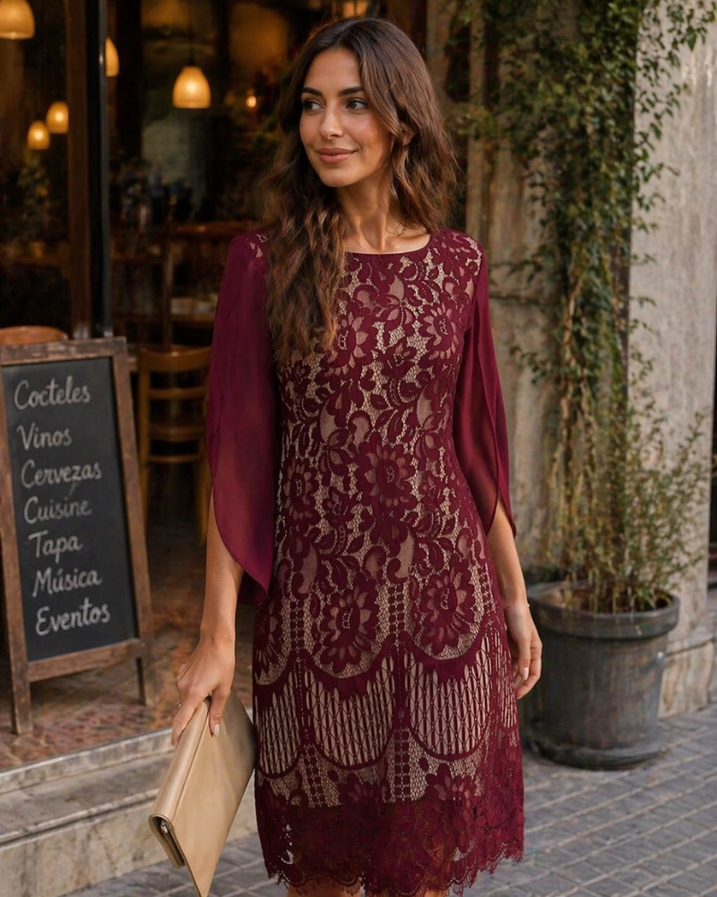Rhea Jurk Cocktail Dames – Kant & Pailletten, A-lijn Snit & Elegante Gespleten Mouwen