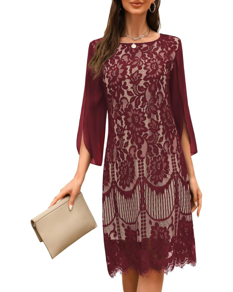 Rhea Jurk Cocktail Dames – Kant & Pailletten, A-lijn Snit & Elegante Gespleten Mouwen