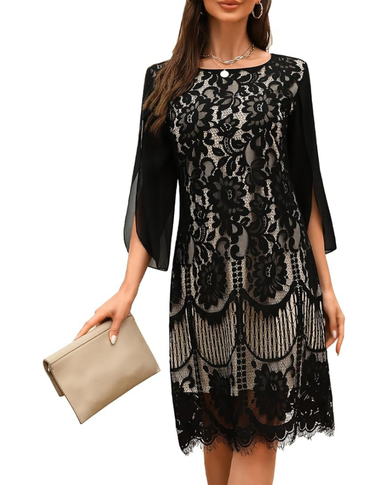 Rhea Jurk Cocktail Dames – Kant & Pailletten, A-lijn Snit & Elegante Gespleten Mouwen