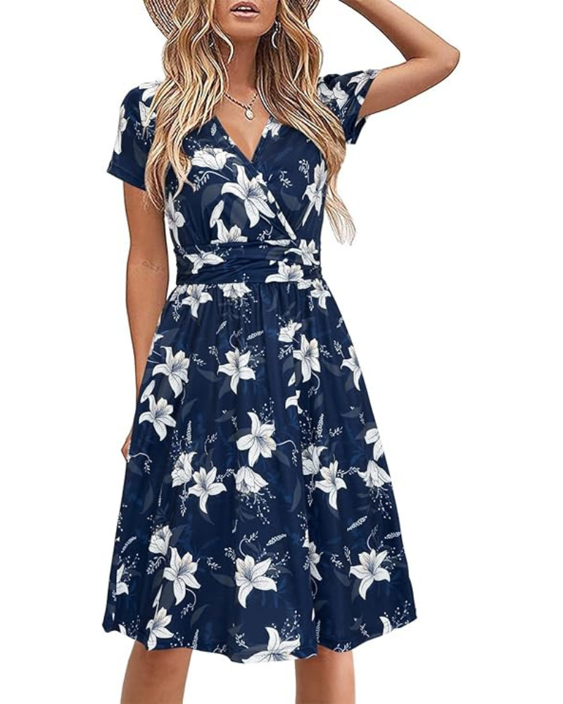 Genesis Robe Dames – Bloemenprint, V-hals met Overslag & Zakjes Elegante A-lijn Snit