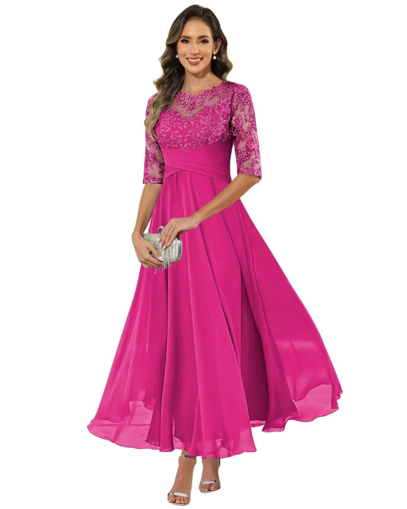 Olanthe Women's Evening Dress – Lace & Chiffon, 3/4 Sleeves & Elegant A-Line Cut