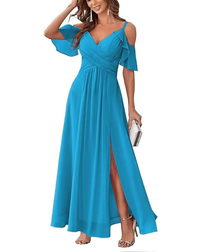 Georgia Robe Longue Femme – Mousseline Épaules Dénudées, Col V & Coupe A-Line Élégante