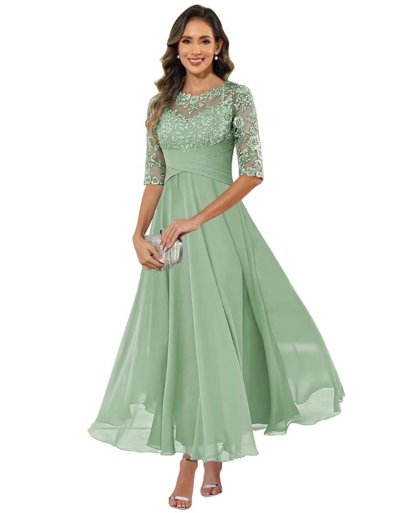 Olanthe Women's Evening Dress – Lace & Chiffon, 3/4 Sleeves & Elegant A-Line Cut