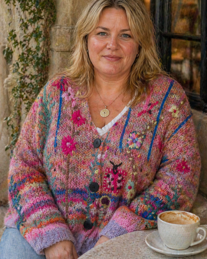 Felisa Cardigan Femme Curvy Grande Taille – Gilet Bohème Multicolore Broderies Fleuries Coupe Ample