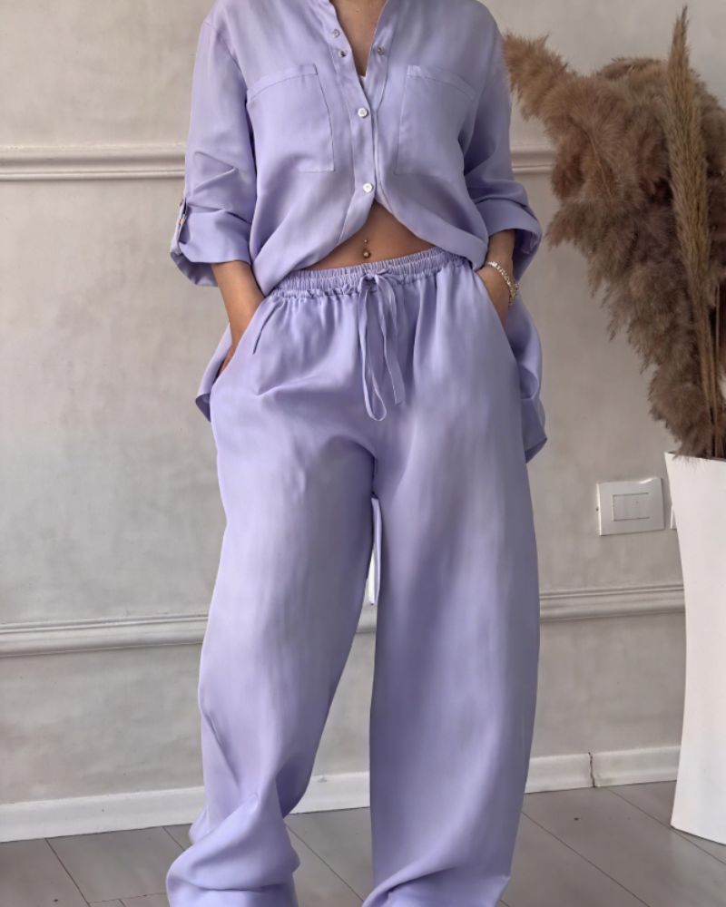 Léonsia Dámsky Set – 2-dielny Set Košeľa & Široké Nohavice, Štýl Casual Chic