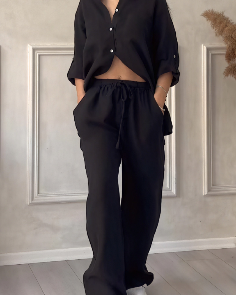 Léonsia Dámsky Set – 2-dielny Set Košeľa & Široké Nohavice, Štýl Casual Chic