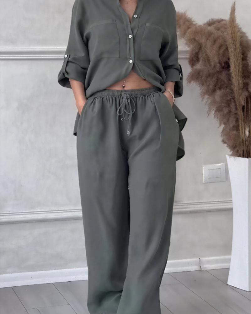 Léonsia Dámsky Set – 2-dielny Set Košeľa & Široké Nohavice, Štýl Casual Chic