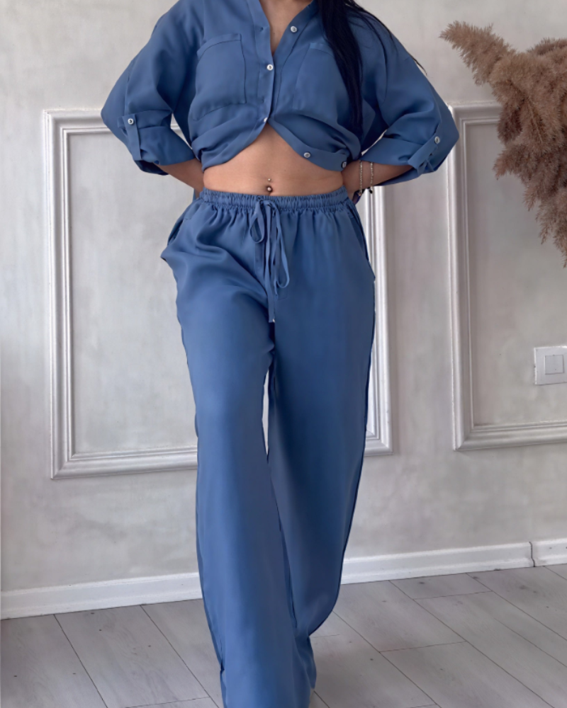 Léonsia Dámsky Set – 2-dielny Set Košeľa & Široké Nohavice, Štýl Casual Chic