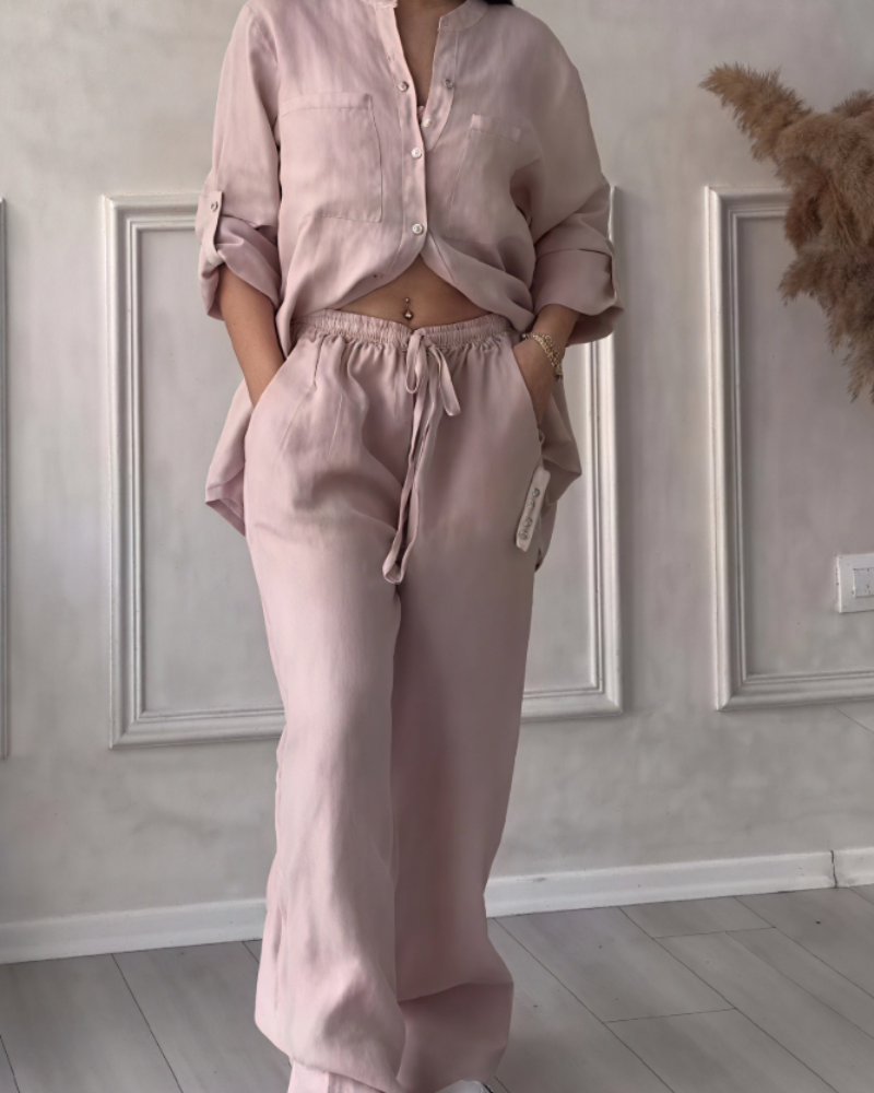 Léonsia Dámsky Set – 2-dielny Set Košeľa & Široké Nohavice, Štýl Casual Chic