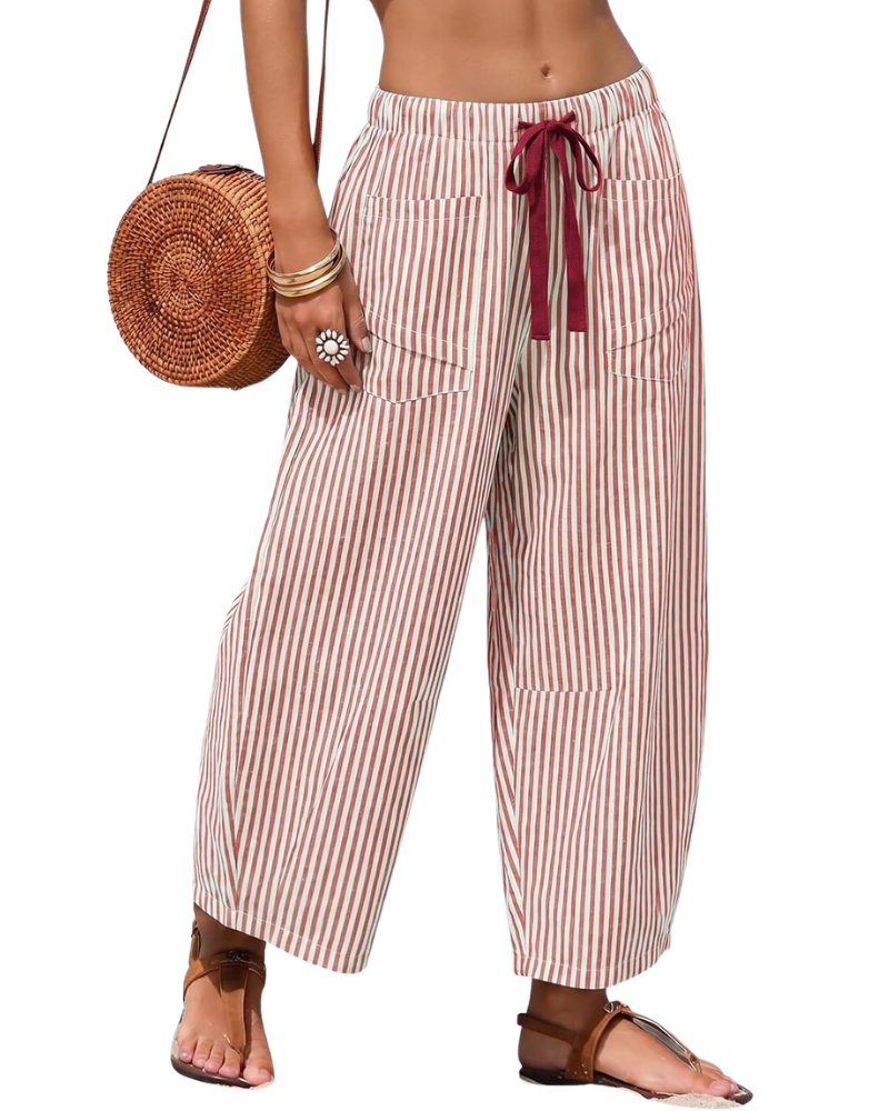 Eshie Calças Mulher – Capri Listrado Largo Cintura Elástica Cordão & Bolsos