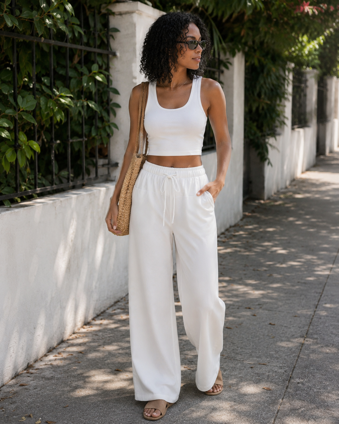 Ginevra Pantalon Palazzo Femme – Coton & Lin, Taille Haute à Cordon, 4 Poches