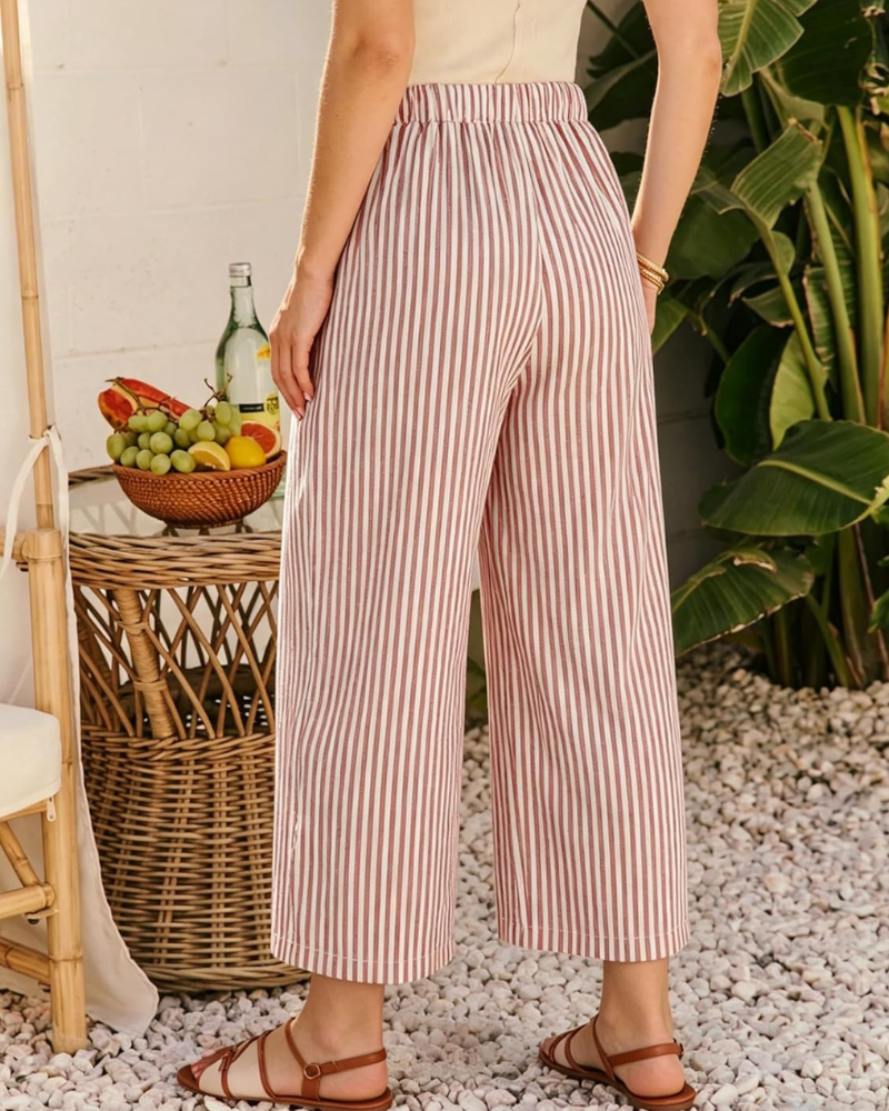 Eshie Calças Mulher – Capri Listrado Largo Cintura Elástica Cordão & Bolsos