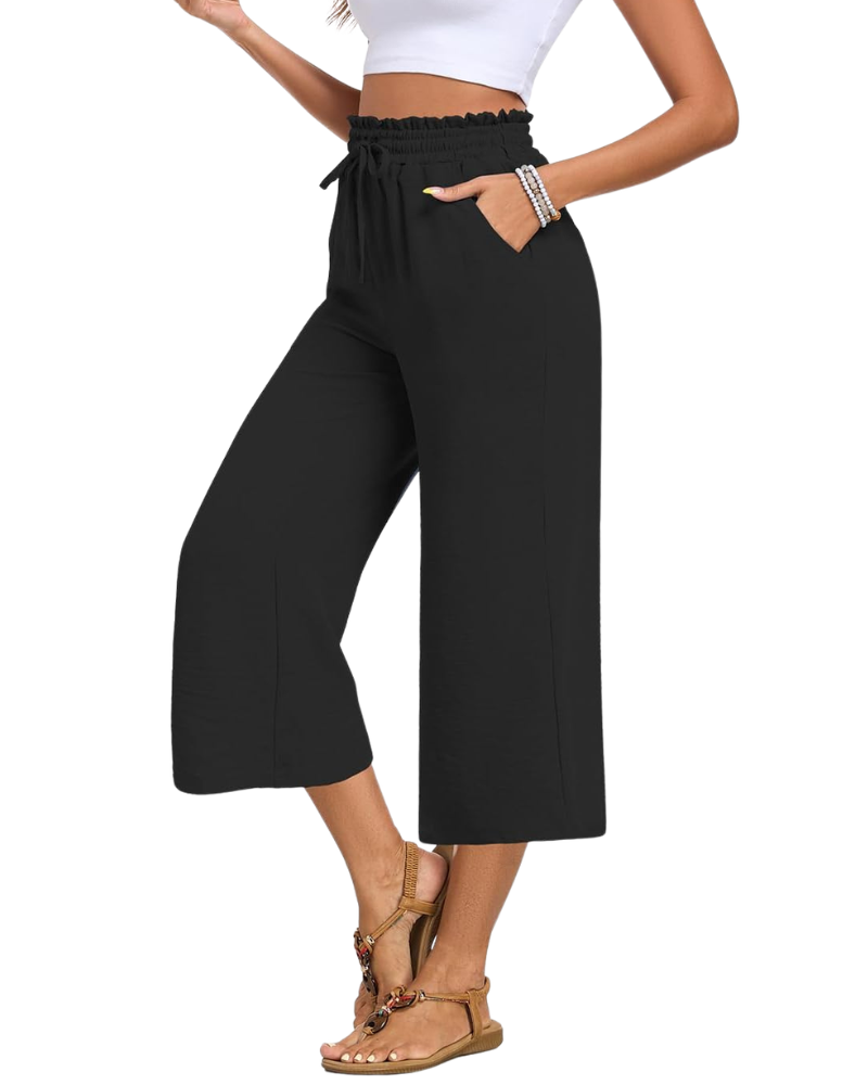 Zina Women's Pants – Wide Capri High Waist with Drawstring & Pockets Summer
