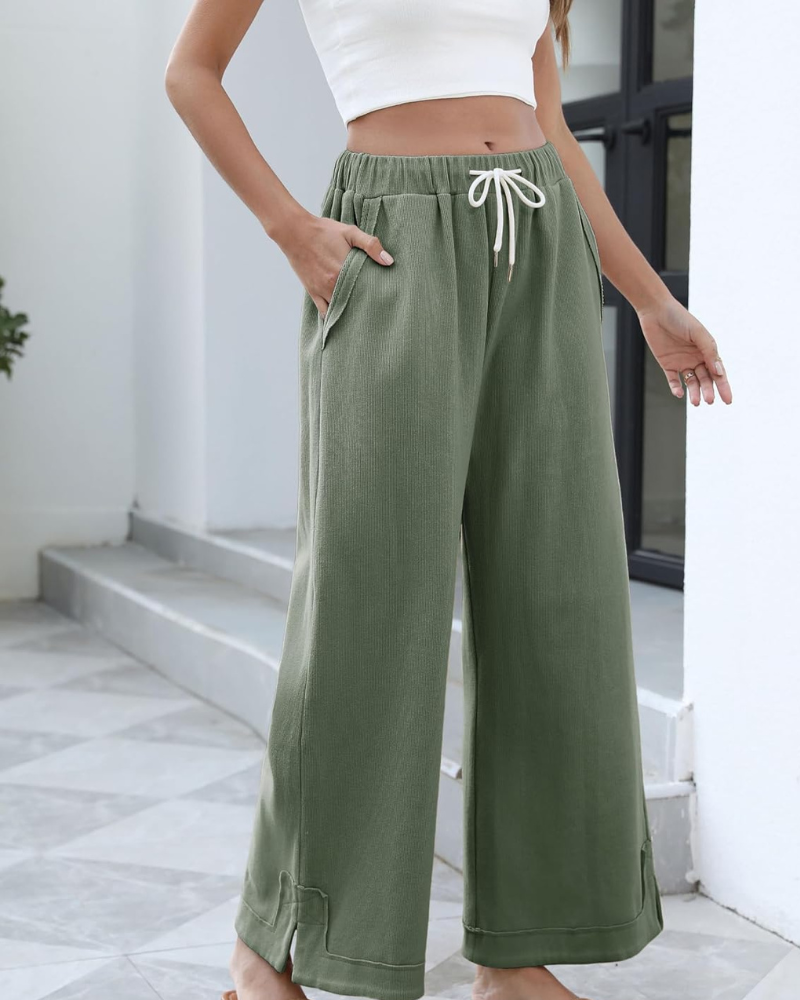 Ahtisa Pantalon Femme – Palazzo Large Taille Élastique Cordon & Poches