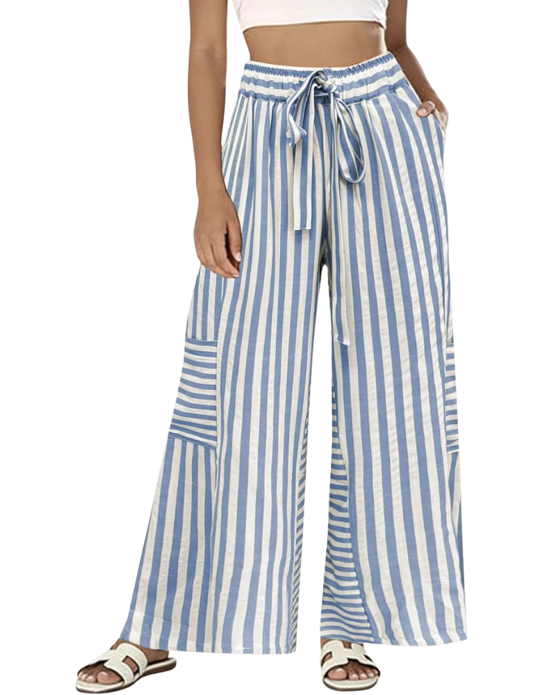 Fina Pantaloni Donna – Palazzo a Righe Larghe con Vita Elastica, Coulisse e Tasche