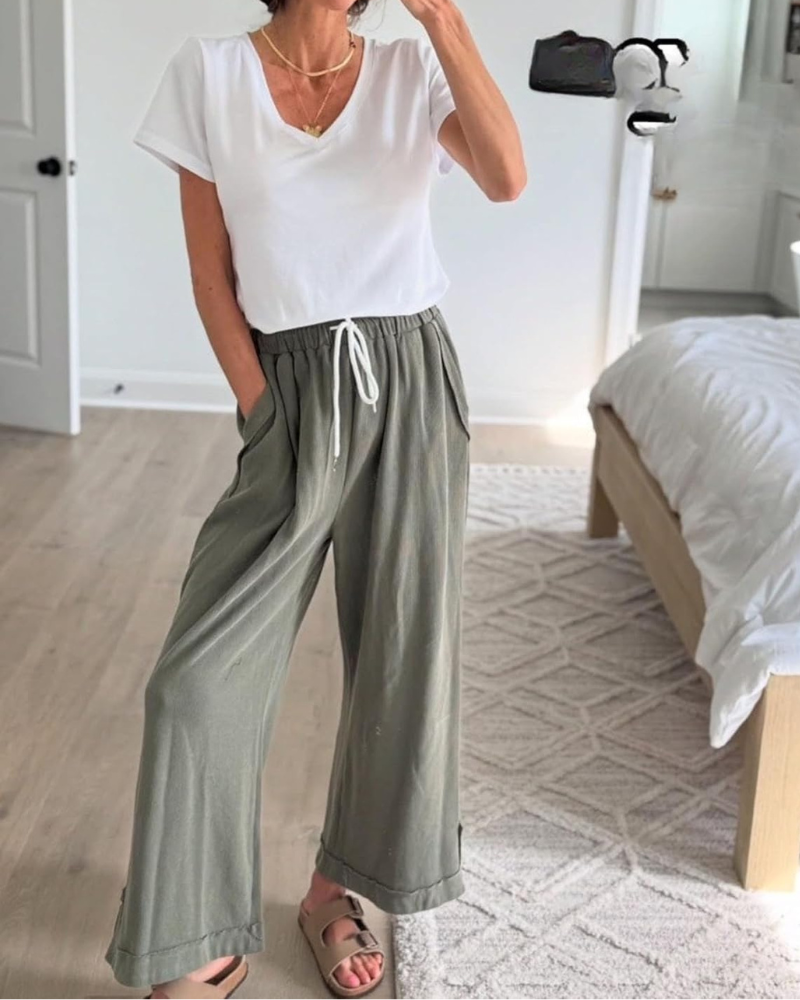Ahtisa Pantalon Femme – Palazzo Large Taille Élastique Cordon & Poches