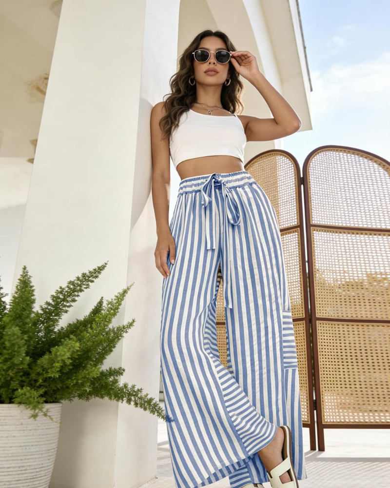 Fina Pantaloni Donna – Palazzo a Righe Larghe con Vita Elastica, Coulisse e Tasche
