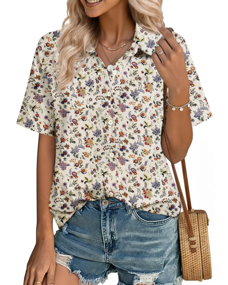 Aveline Chemisier Femme – Blouse Boutonnée Coton Lyocell Lin à Manches Courtes