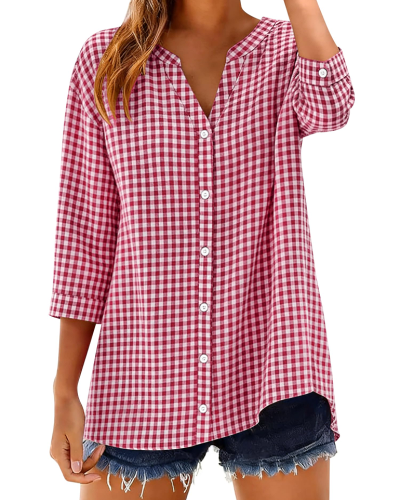 Soléane Chemise Femme – Chemisier en Coton à Carreaux ou Rayures Manches 3/4