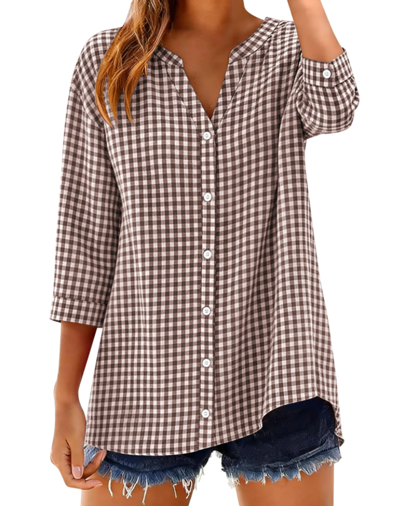 Soléane Chemise Femme – Chemisier en Coton à Carreaux ou Rayures Manches 3/4