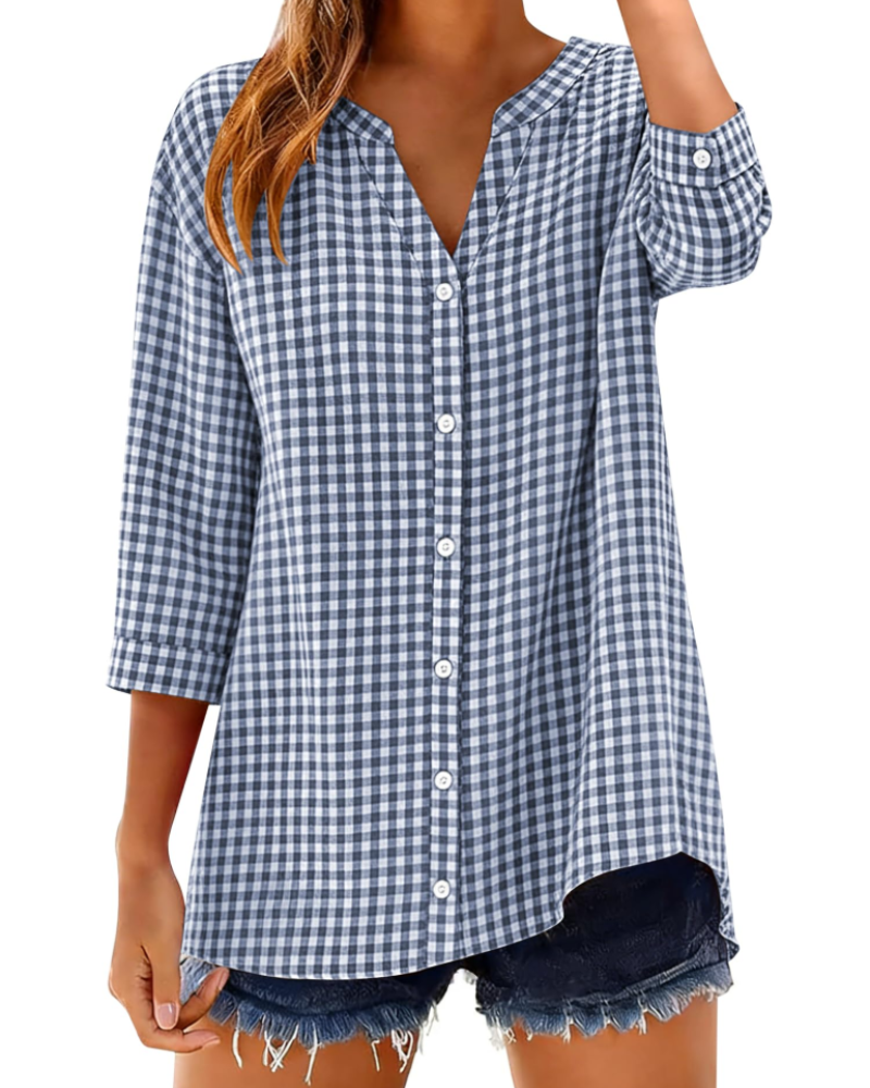 Soléane Chemise Femme – Chemisier en Coton à Carreaux ou Rayures Manches 3/4