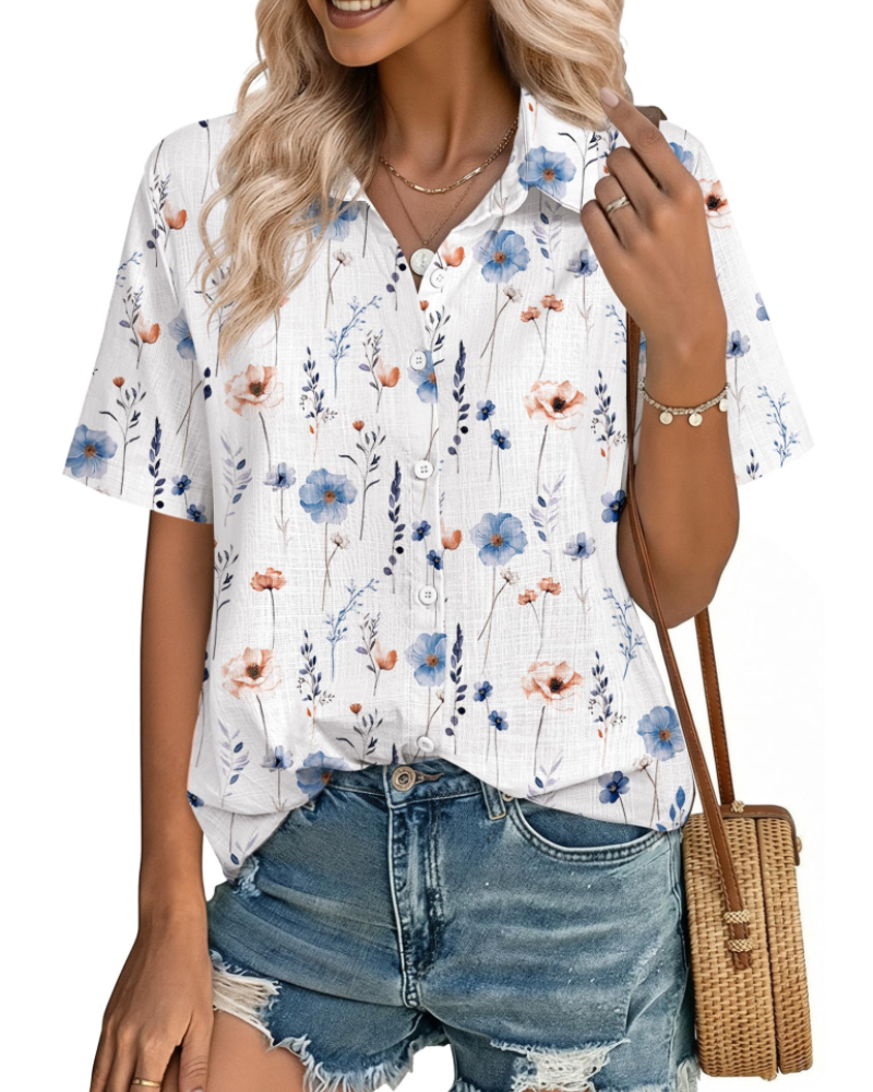 Aveline Chemisier Femme – Blouse Boutonnée Coton Lyocell Lin à Manches Courtes