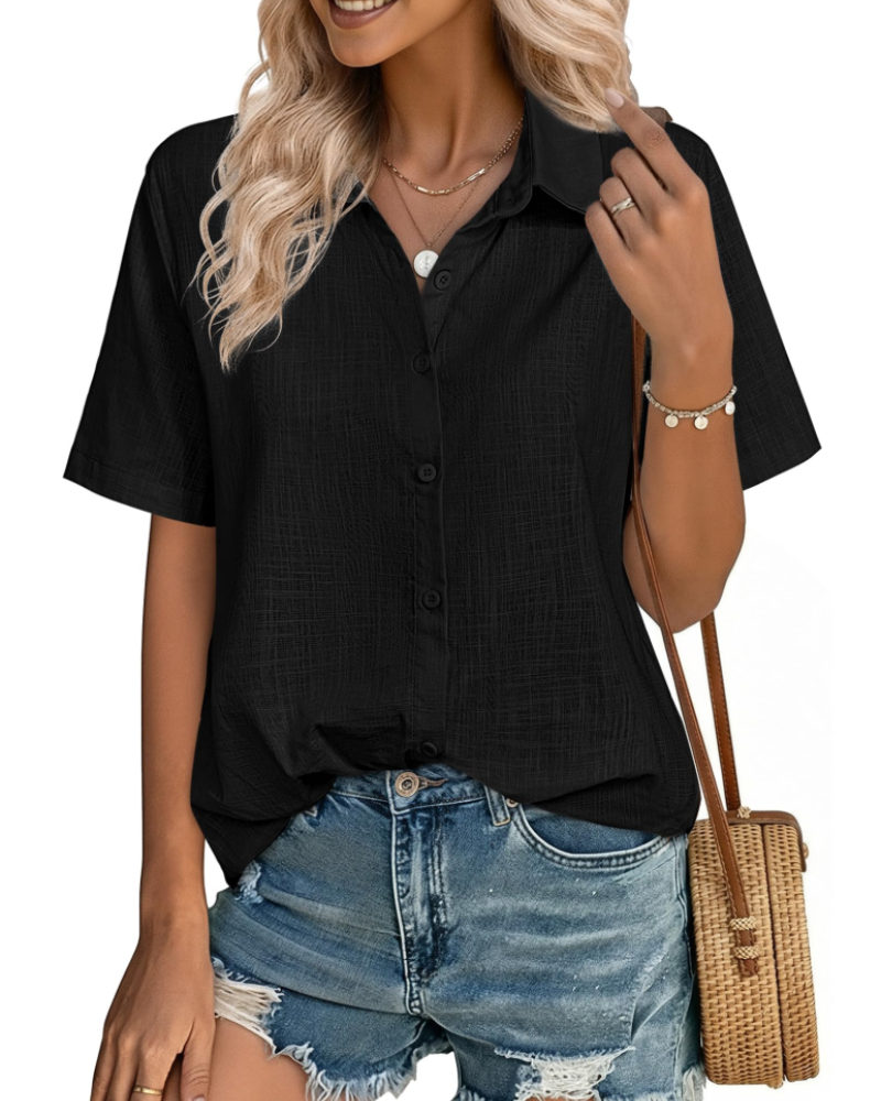 Aveline Chemisier Femme – Blouse Boutonnée Coton Lyocell Lin à Manches Courtes
