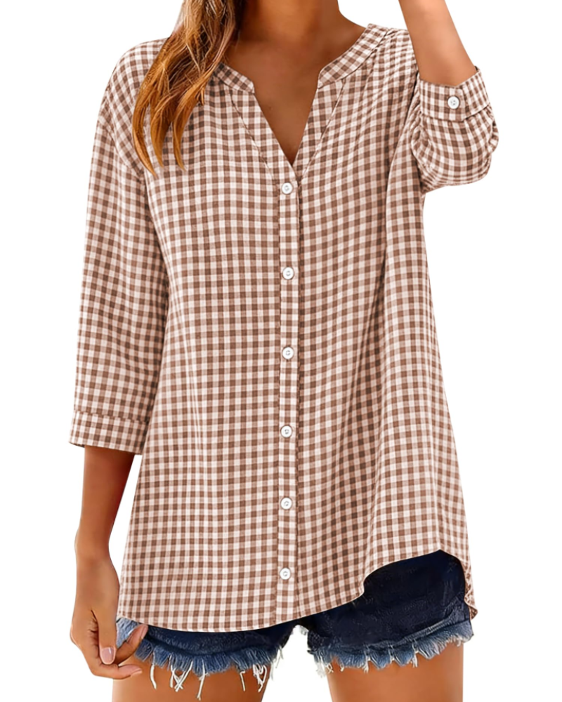 Soléane Chemise Femme – Chemisier en Coton à Carreaux ou Rayures Manches 3/4