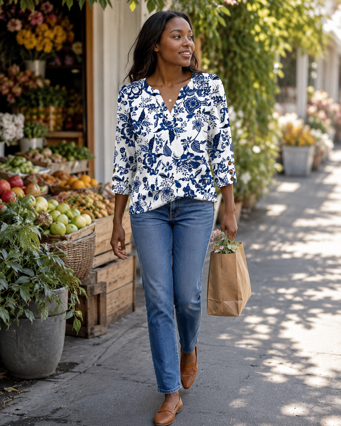 Séverine Blouse Femme Col V – Haut Élégant Manches 3/4 à Poignets Boutonnés