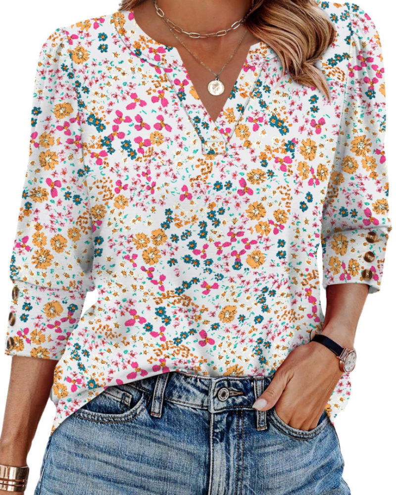 Séverine Blouse Femme Col V – Haut Élégant Manches 3/4 à Poignets Boutonnés