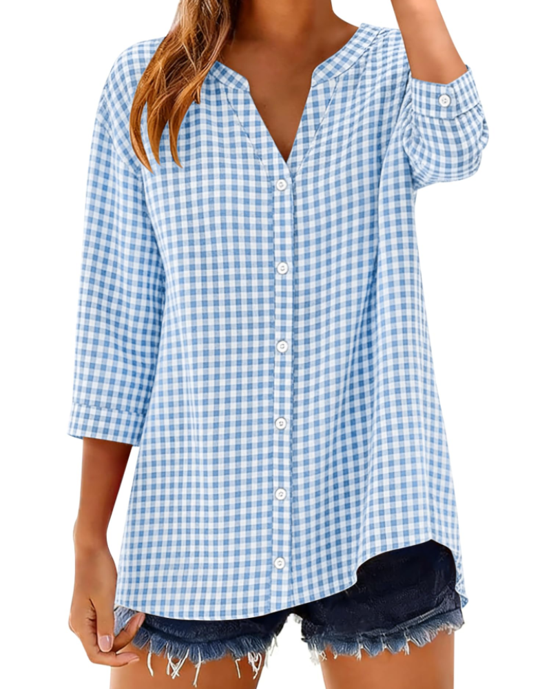 Soléane Chemise Femme – Chemisier en Coton à Carreaux ou Rayures Manches 3/4
