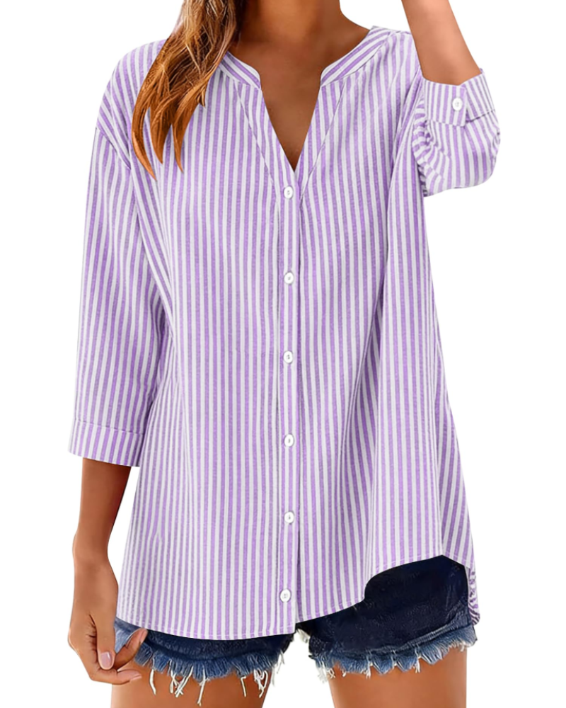 Soléane Chemise Femme – Chemisier en Coton à Carreaux ou Rayures Manches 3/4